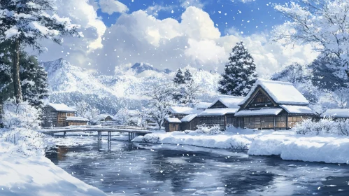 Picturesque Snow-Covered Village with River and Mountains