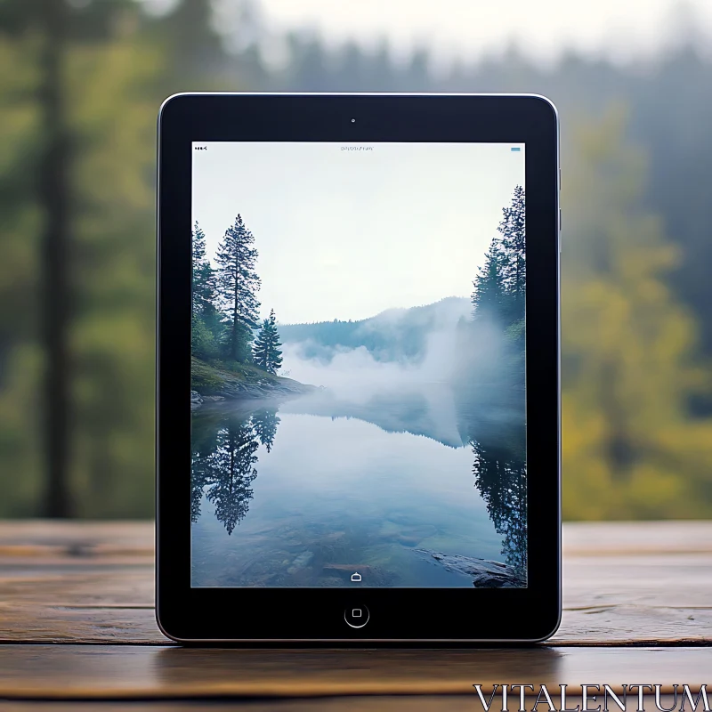 Tablet Displaying Serene Lake View