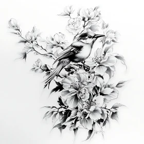 Intricate Bird Illustration with Blooming Flowers