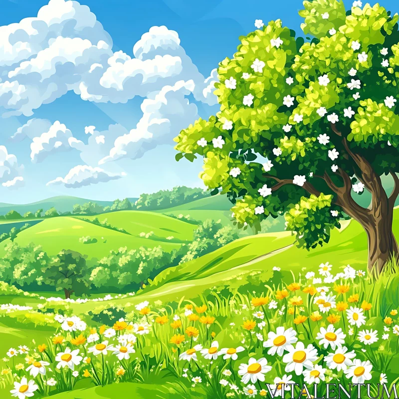Spring Meadow with Flowering Tree