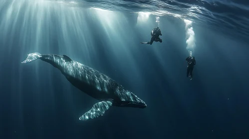 Underwater scene with whale and divers