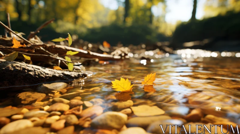 Autumnal Stream with Floating Leaves - Nature's Gemstone Craftsmanship AI Image