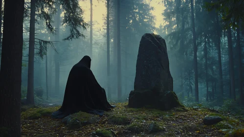 Cloaked Figure by Ancient Stone