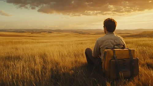 Man with Suitcase in Field at Sunset