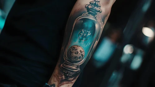 Detailed Arm Tattoo of Antique Glass Bottle