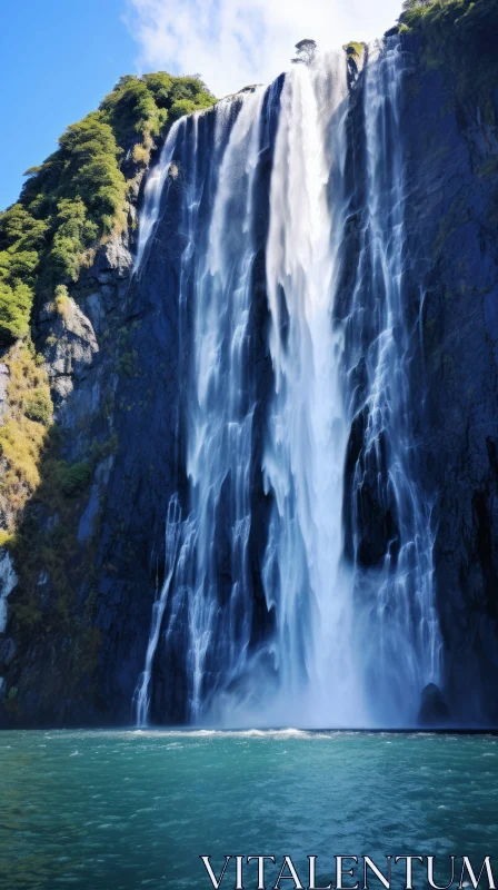 Captivating Nature Artwork: Majestic Waterfall Cascading Down from a Towering Mountain AI Image