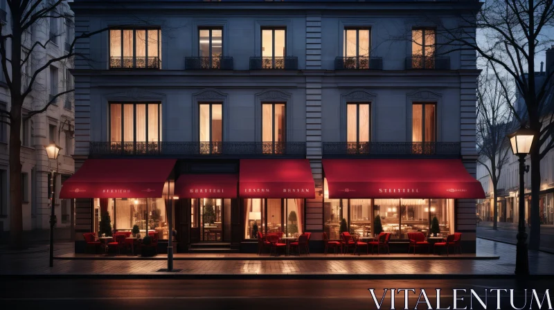 Captivating Parisian Restaurant with Vibrant Red Awnings | Hyper-detailed Renderings AI Image