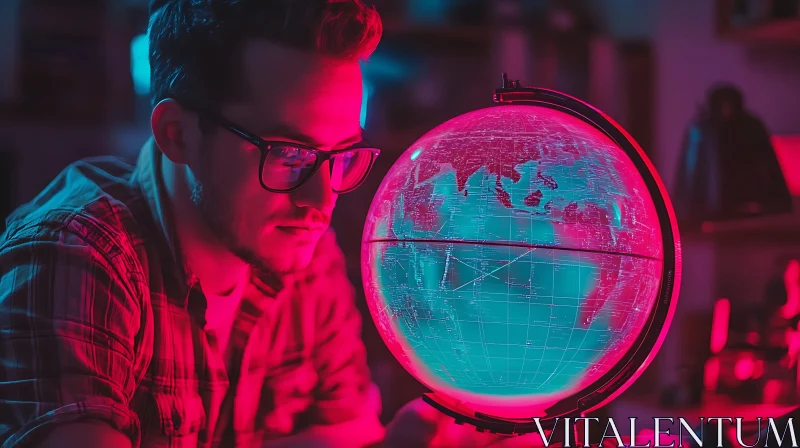 Man Contemplates World Under Neon Glow AI Image