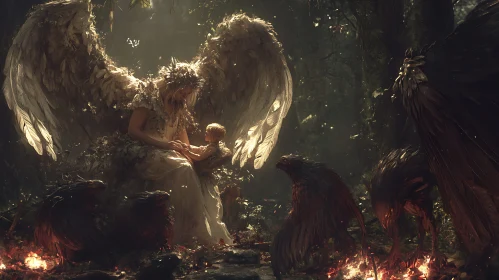 Guardian Angel with Child in Dark Woods