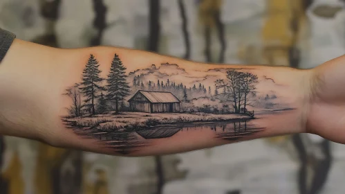 Rustic Cabin and Trees Tattoo on Forearm