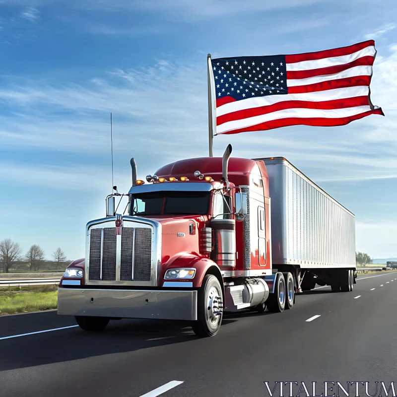 Semi-Truck with American Flag on Highway