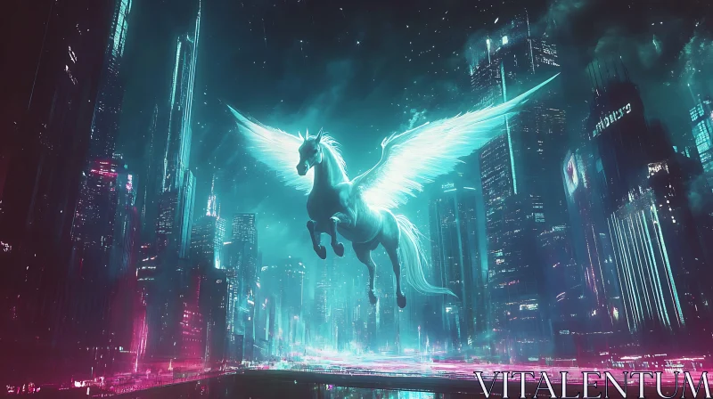 Winged Horse Over Futuristic City