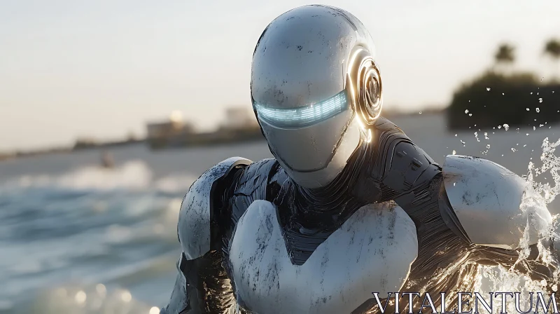 Cyborg on the Shoreline in Sunlit Waters