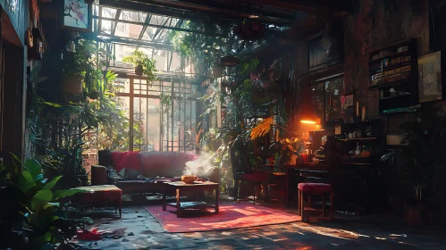 Plant-Filled Interior with Sunlight