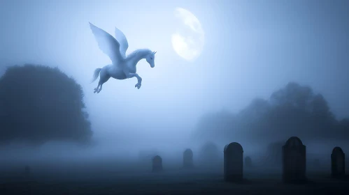 Winged Horse in Cemetery Fog