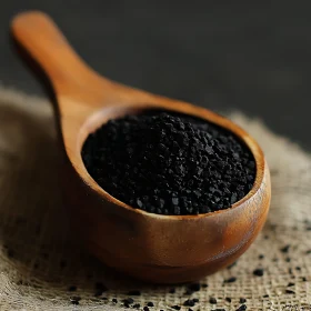 Coarse Black Salt in Wooden Spoon Close-Up