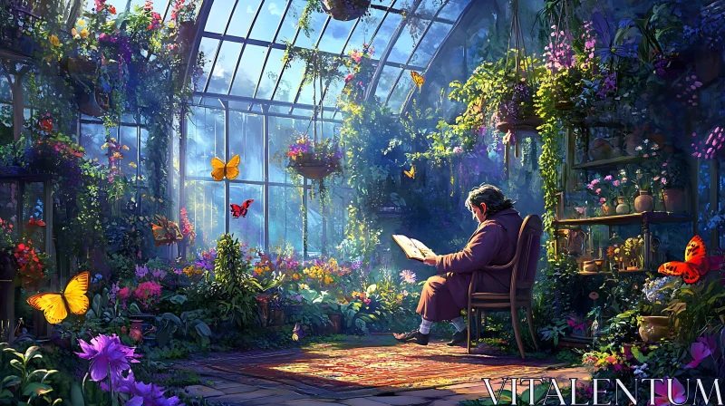 Greenhouse Reader Surrounded by Butterflies
