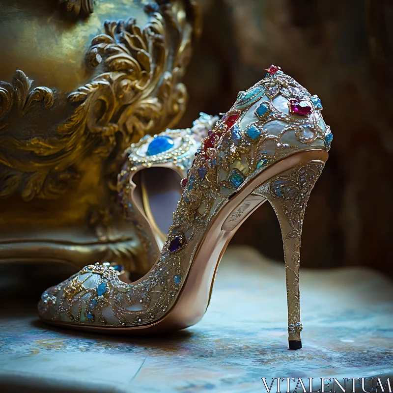Ornate Gemstone Heels on Golden Backdrop