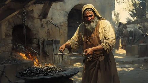 Artisan Blacksmith Working with Fire