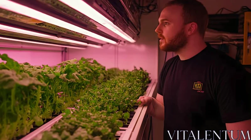Man Inspecting Indoor Hydroponic Vegetable Garden
