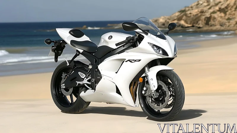 White Motorcycle by the Sea