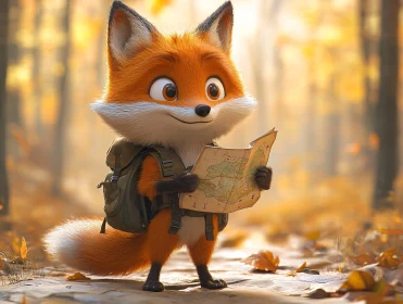 Fox with Map in Autumn Forest