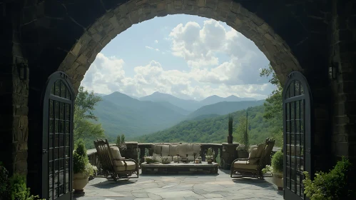 Scenic Mountain View Through Stone Arch