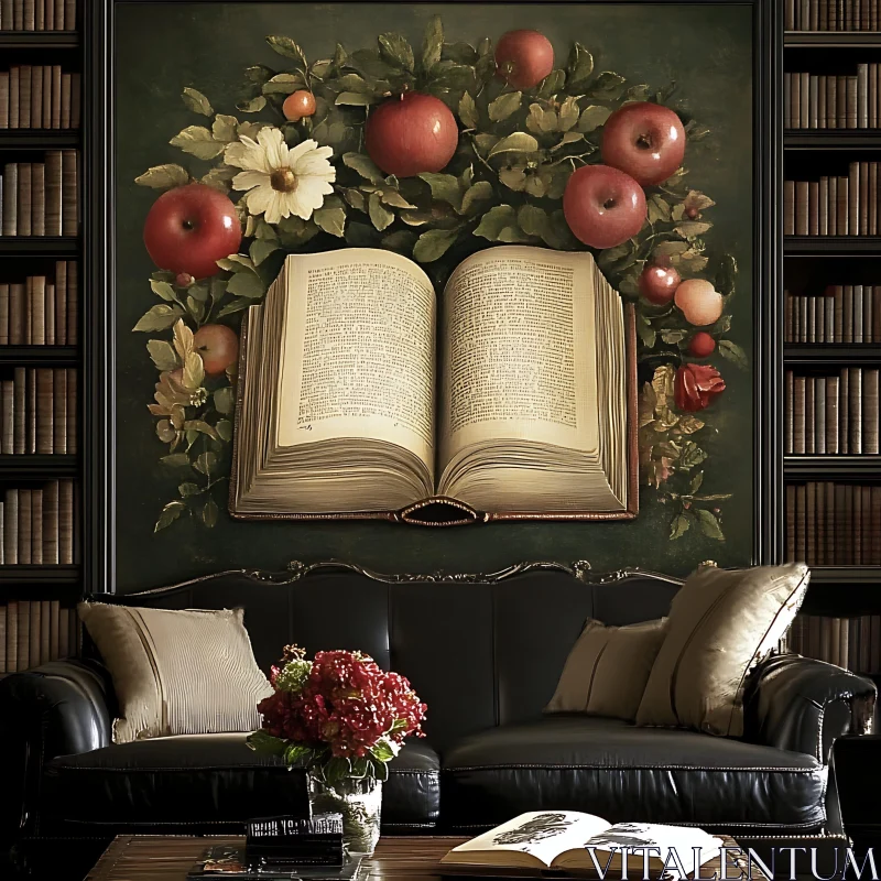 Classic Library with Book and Apples