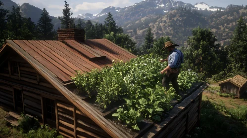 Man Cultivating Plants on Cabin Roof