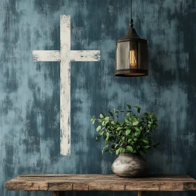 Vintage Wall Cross with Green Plant