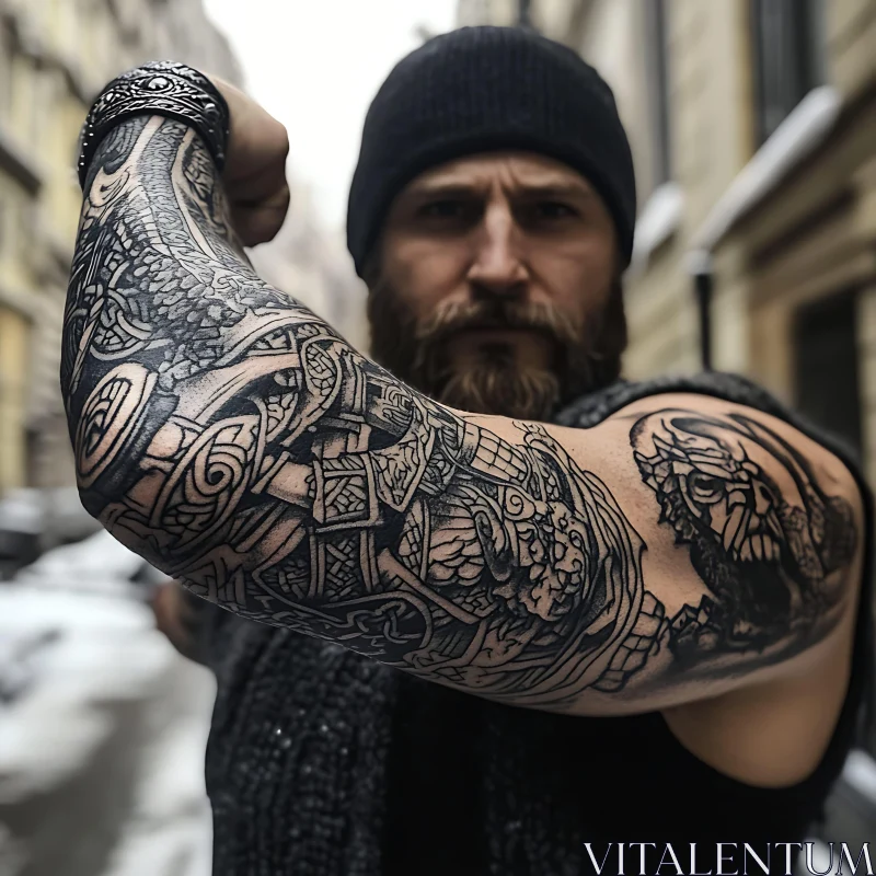 Monochrome Tattoo Art on Man's Arm