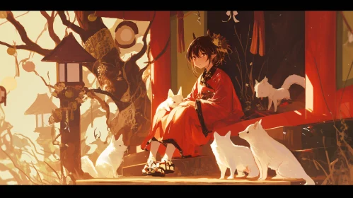 Japanese Anime Girl with Fox Companions