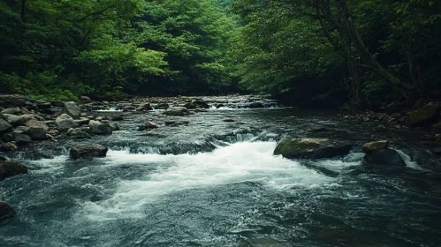 Tranquil River Scene Amidst Verdant Greenery