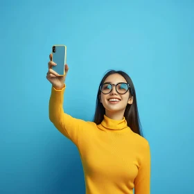 Smiling Woman with Glasses Holding Phone