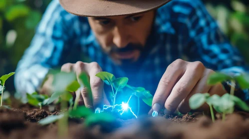 Farmer Cultivating Seedling with Energy