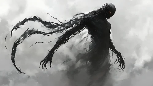 Mysterious Dark Entity in Ethereal Landscape