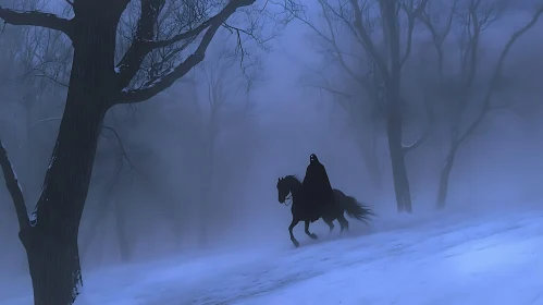 Cloaked Rider in a Misty Landscape