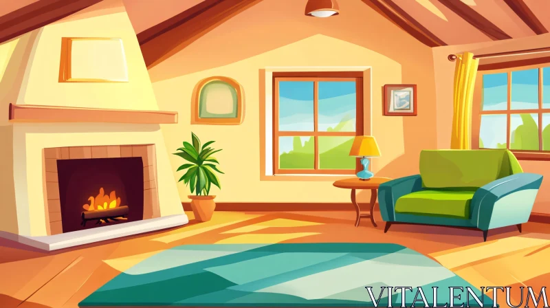 Illustration of a Cartoon Living Room with Fireplace AI Image