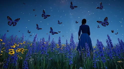 Starry Night Meadow with Woman and Butterflies