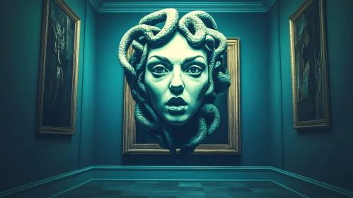 Enigmatic Medusa Painting Surrounded by Art