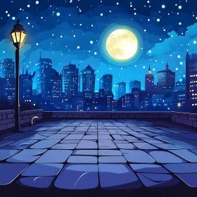 Urban Night View with Moon