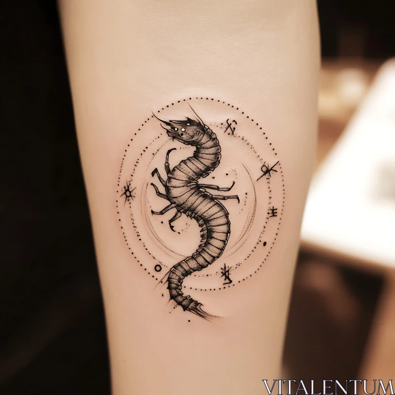 Mythical Dragon Arm Tattoo with Circular Symbols AI Image