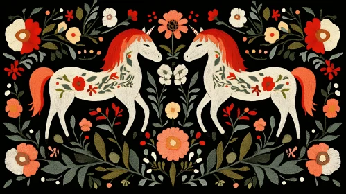 Symmetrical Unicorns with Floral Embroidery Design