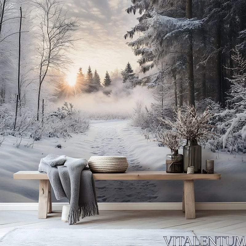 Snowy Path and Wooden Bench Still Life
