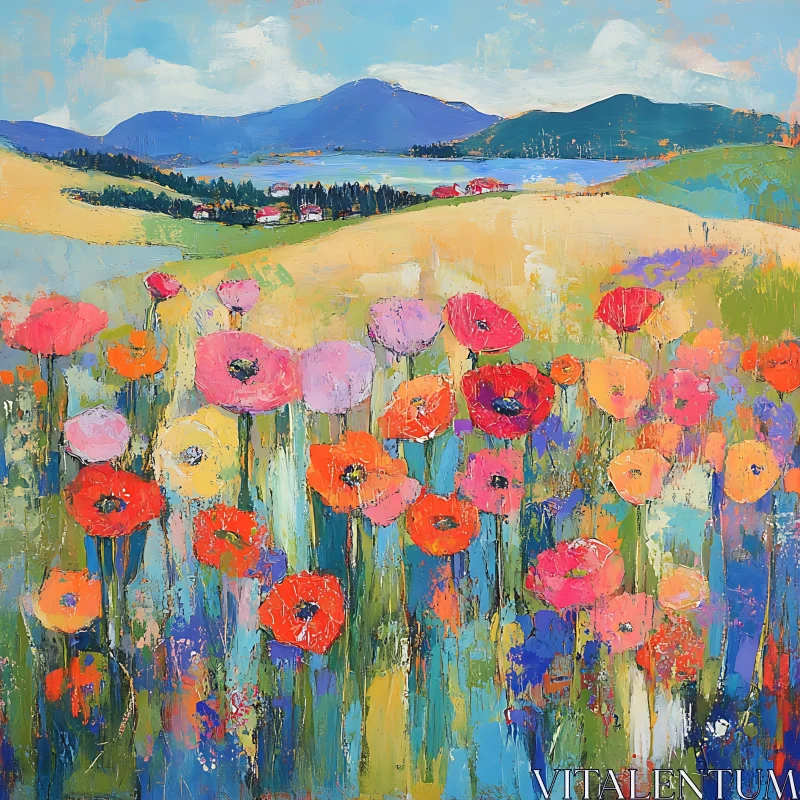Poppy Meadow with Mountain Backdrop