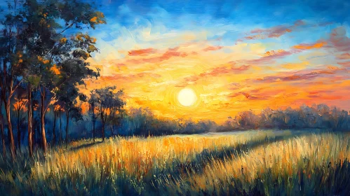 Oil Painting of Sunset Over Field