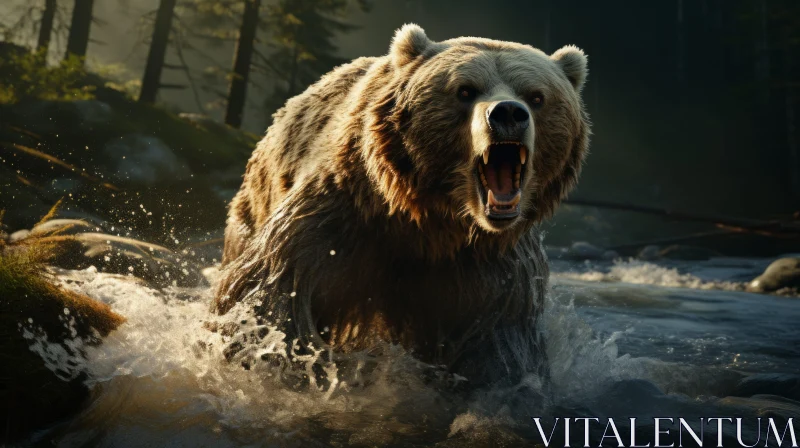 AI ART Majestic Bear Charging Through River Amidst Sunlit Forest