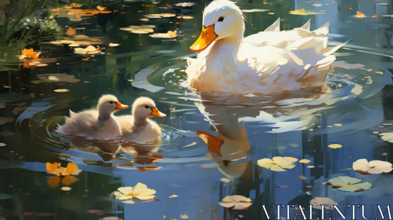 White Duck with Ducklings - Digital Painting AI Image