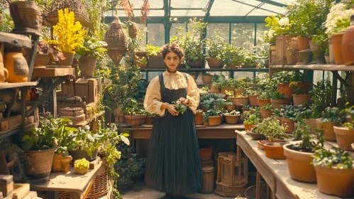 Woman in Greenhouse Surrounded by Potted Plants