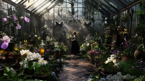 Woman in a Lush Greenhouse